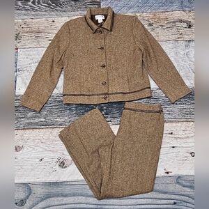 Vintage Pendleton Tweed 2 Piece Pant Suit Wool & Leather Trim Women's Size 12